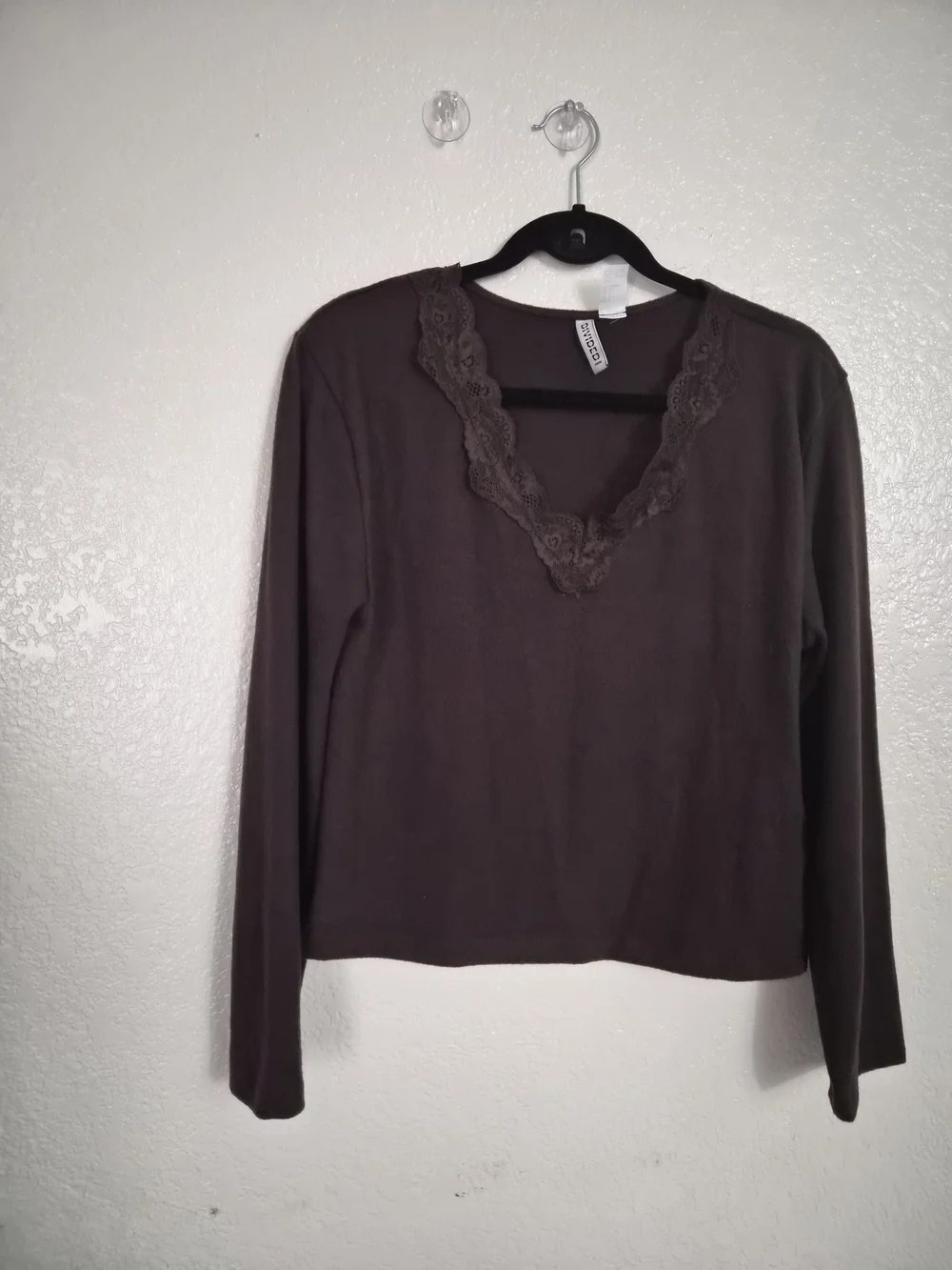 H&M Lace-Trim V-Neck Long Sleeve Top - Brown